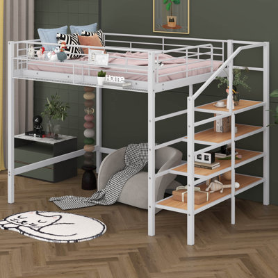 Lit mezzanine simple en métal avec tablette supérieure et échelle de rangement latérale
