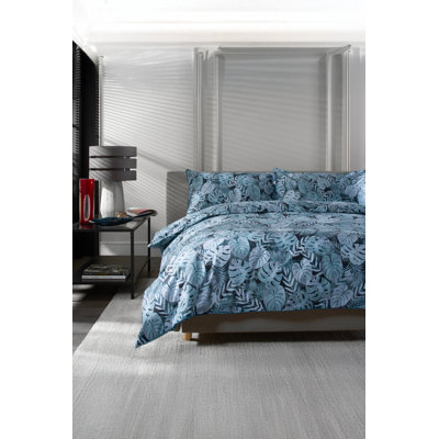 Japanese Tropical Garden Blue 100% Cotton Duvet Co Cotton Floral Duvet Cover Set with Pillowcases Included