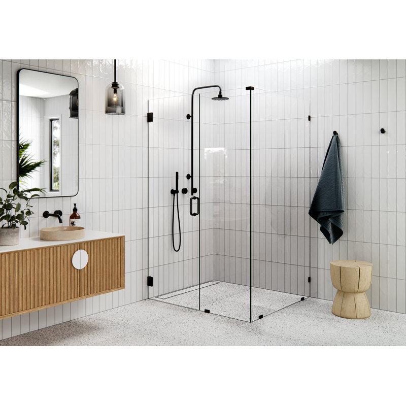 Illume 51 in. x 41.5 in. x 78 in. 90-degree Fully Frameless Wall Hinged Glass Shower Enclosure, Matte Black