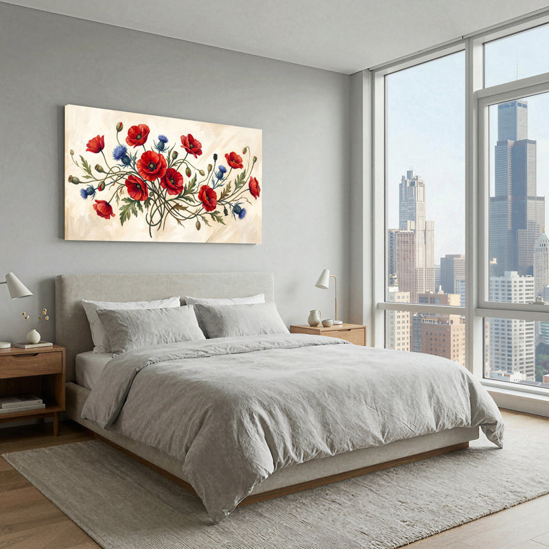 Art sur toile, coquelicots rouges et chardons bleus sur fond crème, L 46 po x H 24 po