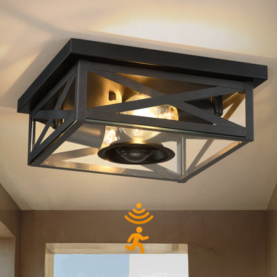 11" 2-light Outdoor Ceiling Light With Motion Sensor,farmhouse Flush Mount Ceiling Light With Glass Shade, 360° Detection, Adjustable Timer
