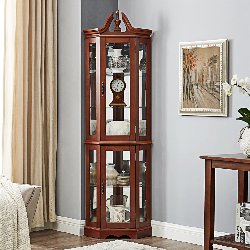 Walnut Corner Lighted Curio Cabinet with Glass Shelves