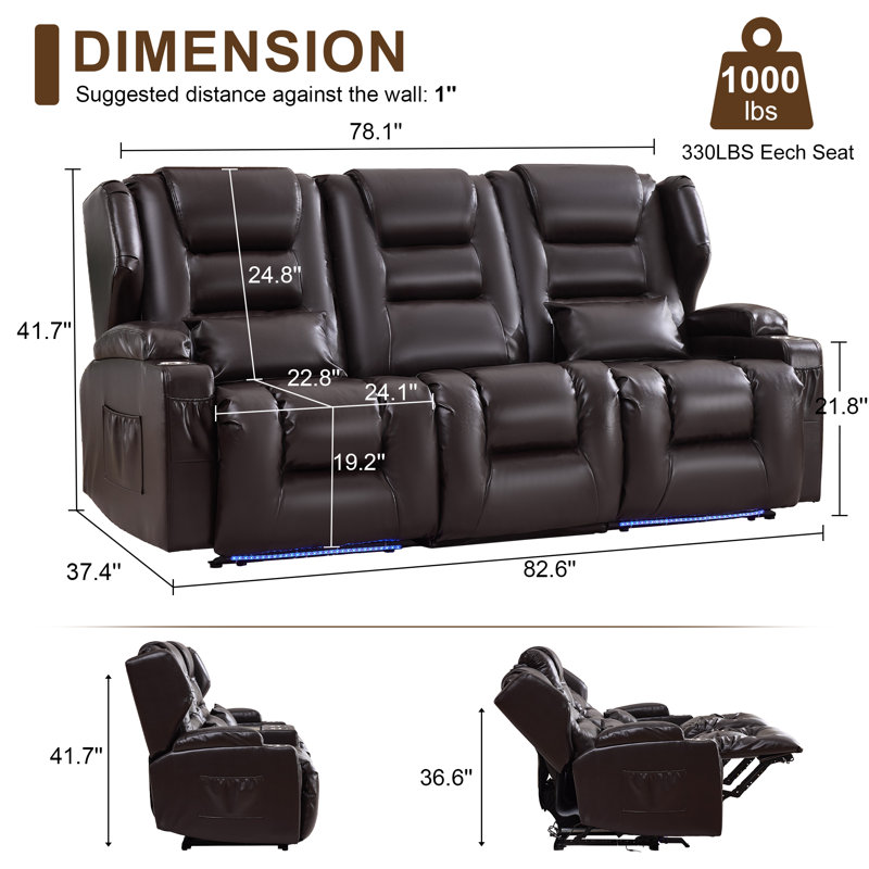 Canapé inclinable électrique 3 places, canapé inclinable en faux cuir avec dossier rabattable, siège de cinéma extra large