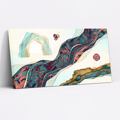 Teal And Coral Marbled Paper Ribbons With Arch Shape Canvas Wall Art