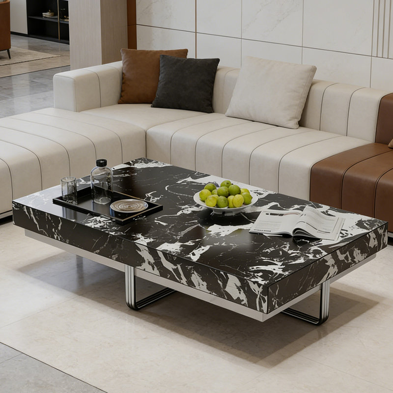 Table basse moderne moderne en ardoise avec plateau, Noir / blanc, H 13,77 po x L 55,11 po x l 31,49 po