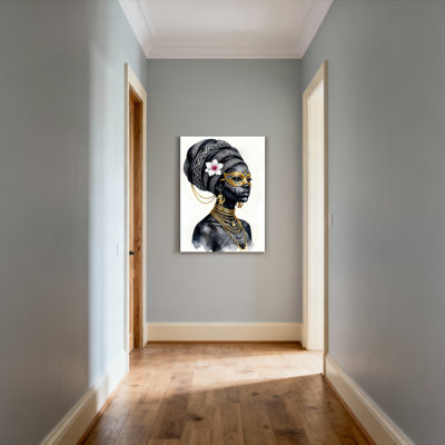 Femme africaine avec motifs tribaux et bijoux en or sur toile tendue, impression sur toile, ensemble de 1