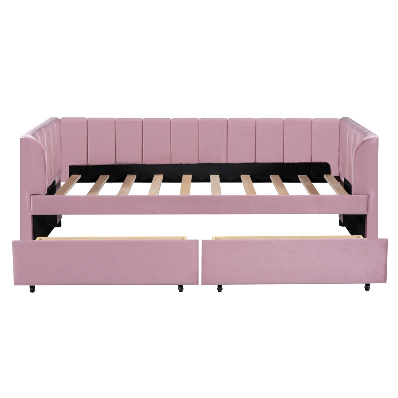 Twin Size Upholstered Daybed With Ergonomic Design Backrest And 2 Drawers, Pink