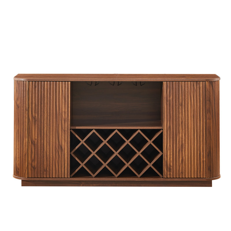 Buffet moderne de 58 po avec tablettes réglables, armoire à vin avec porte-bouteilles et porte-verres, Noyer