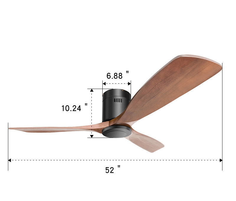 52 Inch Low Profile Ceiling Fan Dc 3 Carved Wood Fan Blade Noiseless Reversible Motor Remote Control Without Light, Black
