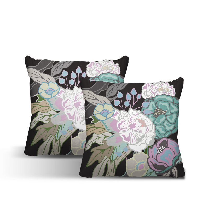 Oreiller carré intérieur / extérieur Nouvel Floral, Noir, vert et mauve, L 17 po x H 17 po