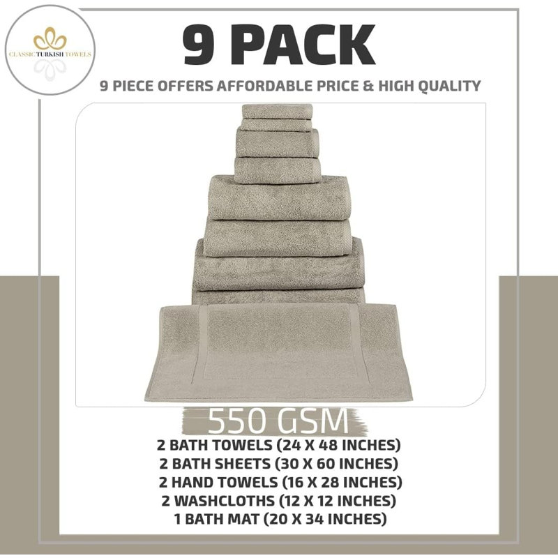 Ensemble de serviettes de bain 9 pièces avec tapis de bain Blatec, Beige