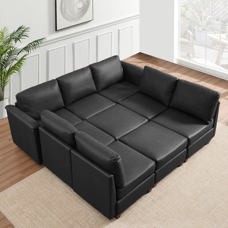 9-Piece Modern Upholstered Sectional Sofa, Gray Faux Leather, Brown Wood