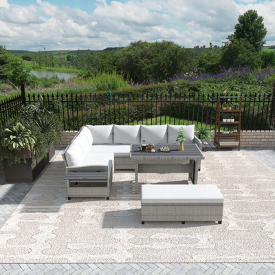 Ensemble de canapé de patio extérieur en rotin 5 pièces TOMAX, ensemble de mobilier de jardin en forme de L en osier PE avec 2 tables d'appoint extensibles, table de salle à manger et housses lavables pour la cour, la piscine et l'intérieur