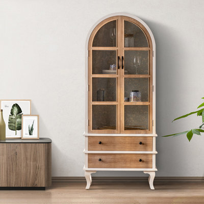 Bibliothèque en bois massif rétro avec porte en verre arquée.