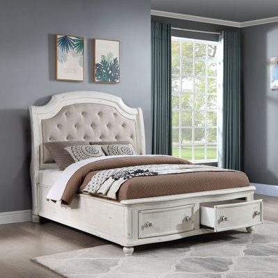 Lit plateforme avec rangement en tissu d'ameublement blanc Sulaman