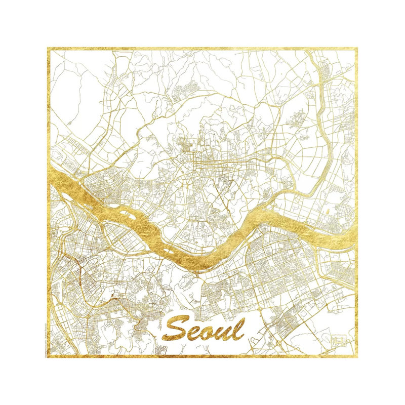 Seoul Gold Leaf Urban Blueprint Map 1 Piece Wrapped Canvas Wall Art, 45.72 cm H x 45.72 cm W