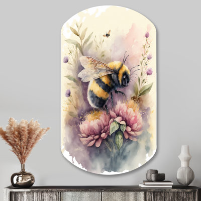 Abeille volant ø  une fleur, aquarelle I - animaux, abeille, forme cylindrique, art mural métallique asymétrique