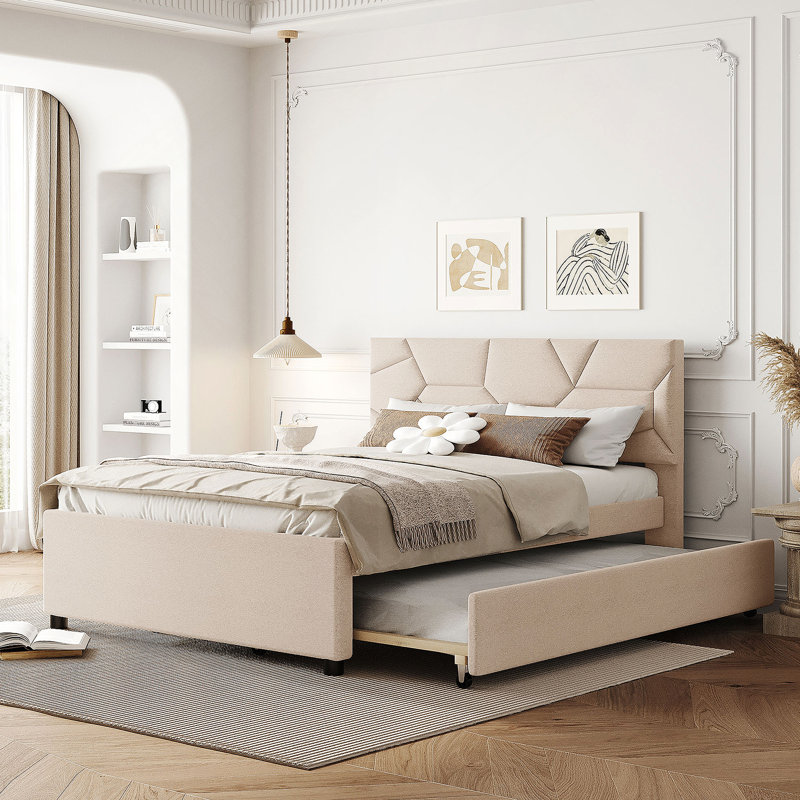 Lit plateforme tapissier avec tête de lit et lit gigogne à motif brique, Beige