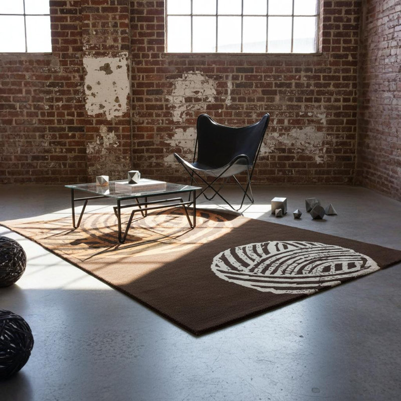 Dooling Authentic Hand-Tufted Handmade Chocolate Brown, Rust Orange & Cream Modern Stylized Balls of Yarn Wool Area Rug