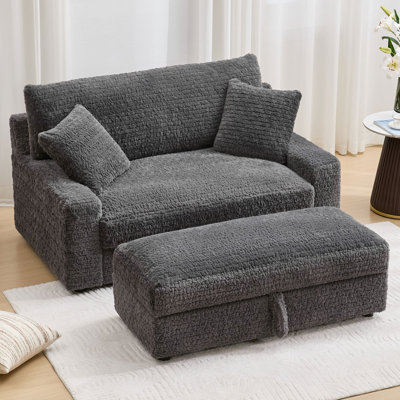 61.8” Lambswool Chaise Lounge Chair Indoor, Modern Sleeper Couch Chair With 2 Pillows& Moveable Storage Ottoman by Latitude Run