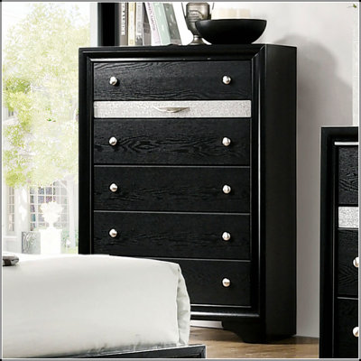 Commode à finition noire de style contemporain avec tiroirs à queue d'aronde anglaise et tiroir à bijoux cachés, boutons argentés