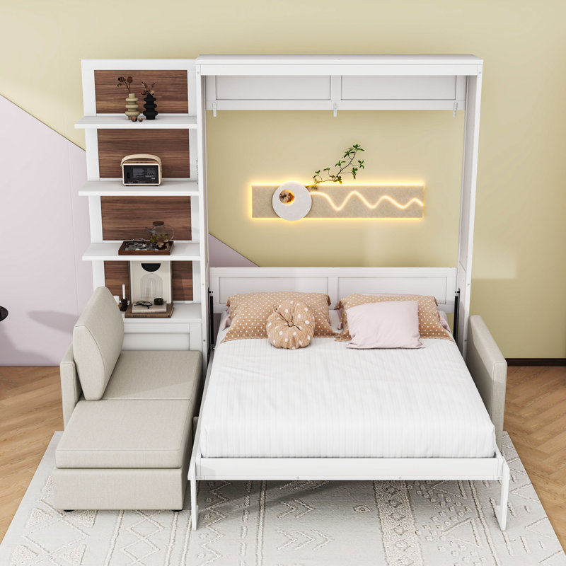 Grand lit escamotable avec canapé et tablettes, Blanc