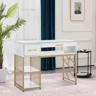 Table à manucure moderne Varduhi avec tiroirs, bureau clouté avec tablettes en verre