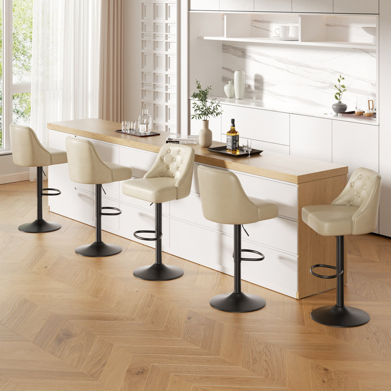 360-Degree Rotatable Faux Leather Bar Stool With Button Stitching, Beige, 6