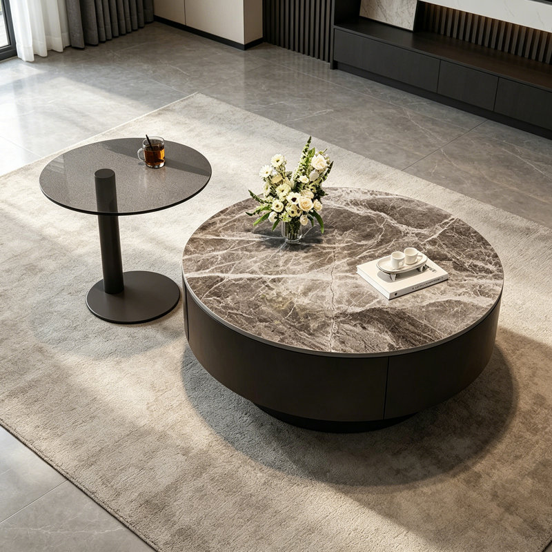 Table basse de luxe italienne Premium, H 13 po x l 31,49 po x l 31,49 po, Gris / Noir, Marbre