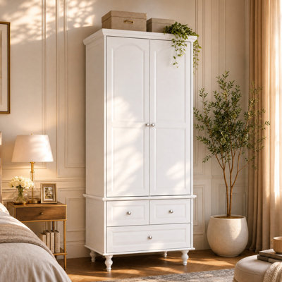 Modern Wardrobe with 2 Doors and 3 Storage Drawers, Bedroom Closet Organizer with Hanging Rod and Shelves for Clothes Storage, Small Spaces and Apartments