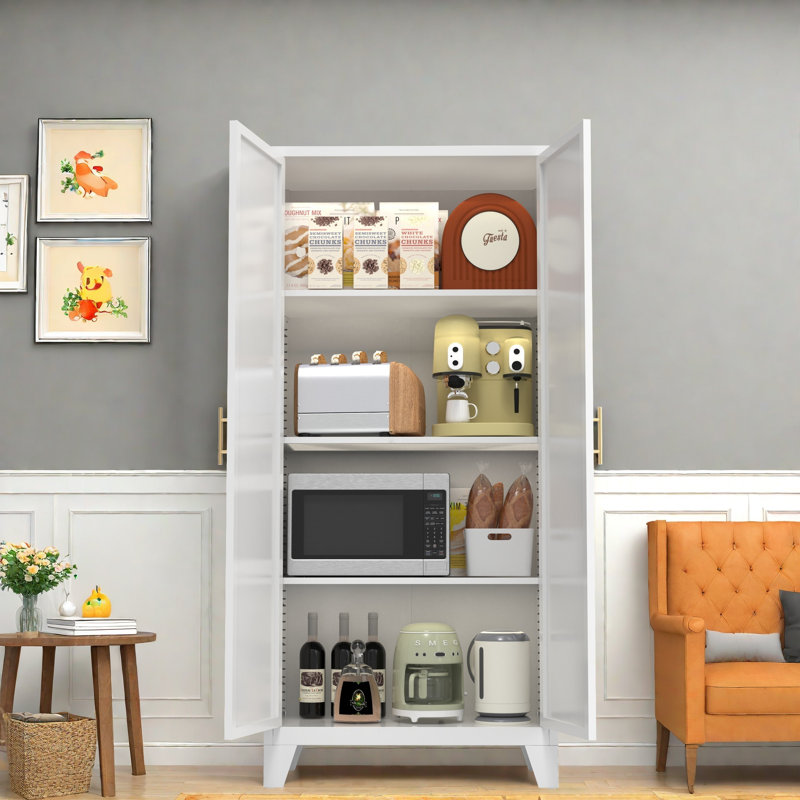Garde-manger multifonctionnel en métal avec 2 portes galbées, 3 tablettes réglables et poignées dorées, Blanc