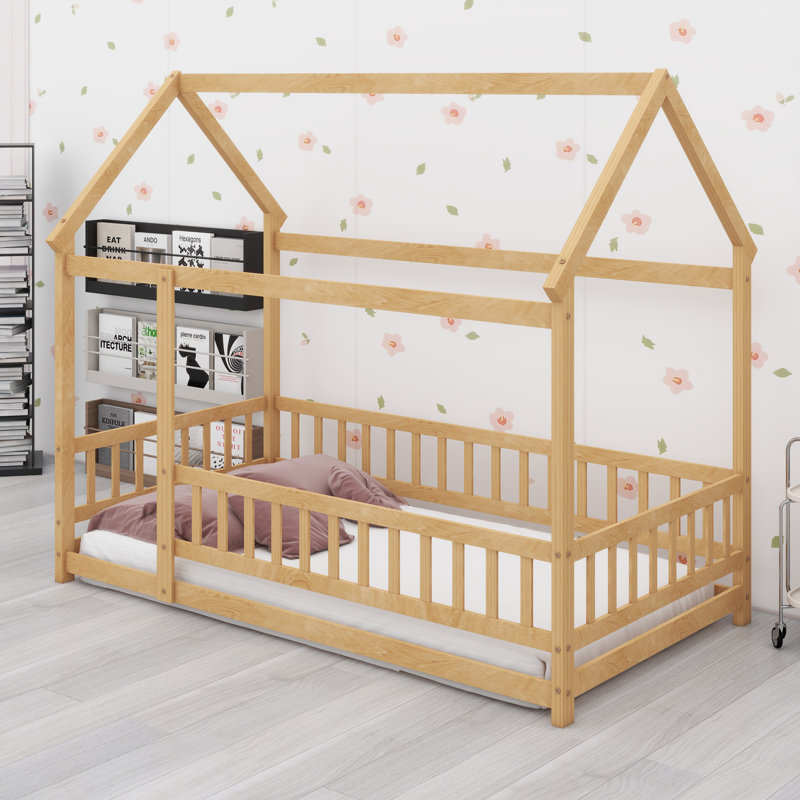 House-Shaped Floor Bed with Roof Frame and Protective Safety Guardrails