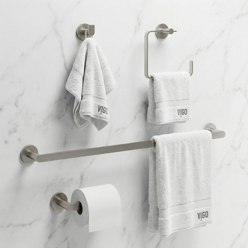 VIGO Arden 4-Piece Brushed Nickel Bathroom Hardware Set with 24-in Towel Bar, Toilet Paper Holder, Hand Towel Holder and Hook