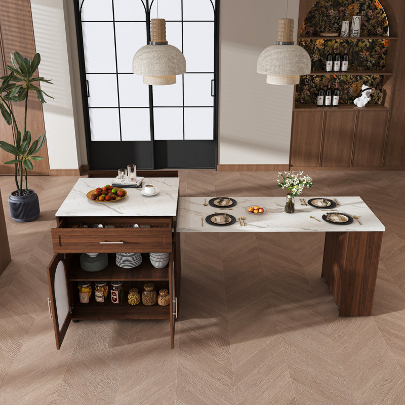 Îlot de cuisine extensible de 83 po avec table de salle à manger coulissante, prise de courant avec USB / Type-C, station de préparation à roulettes avec portes en verre