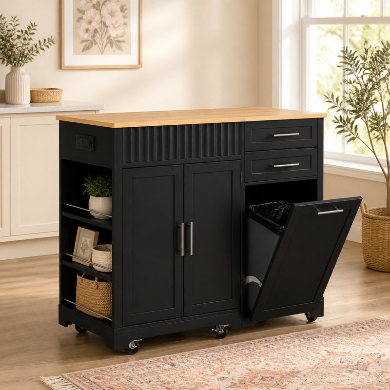 Chariot de cuisine 48,5 "de large cannelé avec armoire à poubelle et prise de courant, noir, Black
