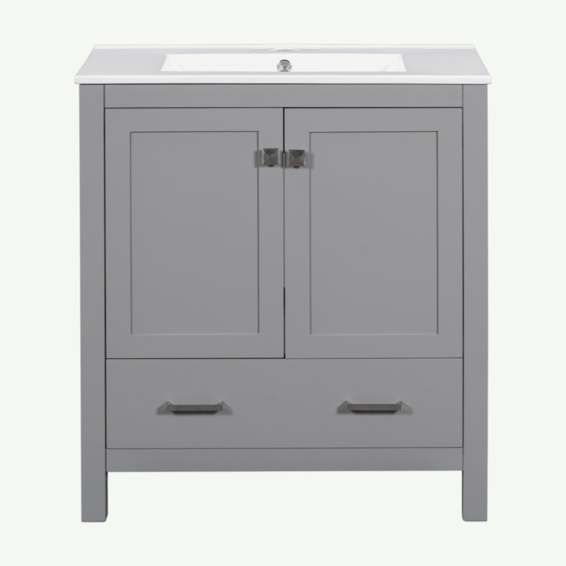 Meuble-lavabo de 30 po avec lavabo simple, meuble-lavabo encastré, armoire de rangement avec 2 portes et un tiroir, fermeture en douceur, rangement multifonctionnel, structure en bois massif