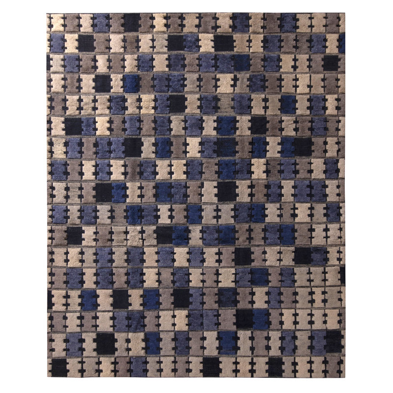 Scandinavian Rug In Gray, Blue, Black Geometric Pattern By Rug & Kilim, Rectangle 5' x 8'