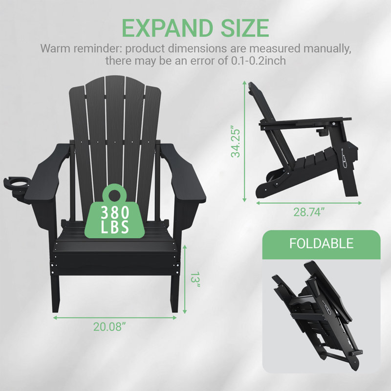 Pakkdiarie Folding Adirondack Chair with Cup Holder,HDPE Outdoor Chair with Comfort Ergonomic Seat for Patios,Lawn,Garden, Backyard Use