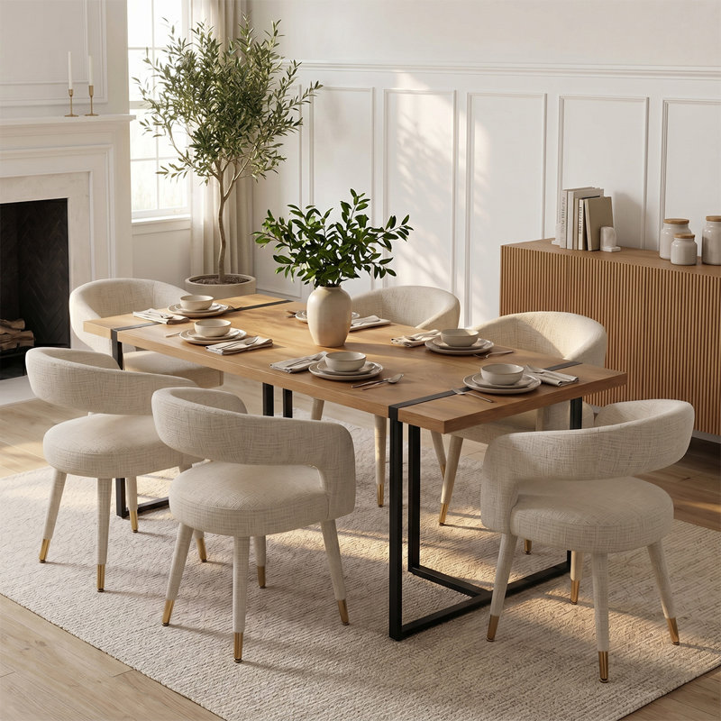 Ensemble de table de salle à manger rectangulaire moderne 79 po avec 6 chaises rembourrées, Oatmeal