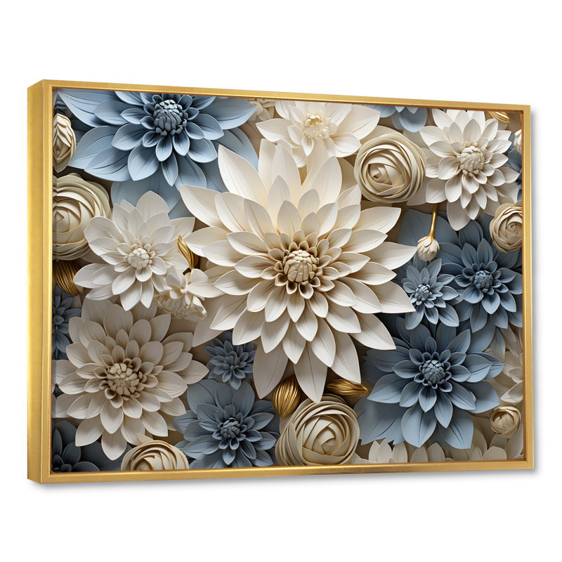 «Simplicity Mums Bloom» en beige et bleu pâle II - Mums, art mural, H 34 po x l 44 po x P 1,5 po, Cadre flottant doré