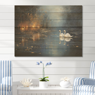 White Swans Harmony Moonlight Pond IV - cygne sur bois