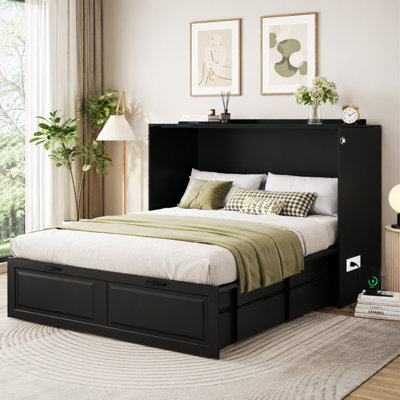 Black Murphy Bed with Power Outlets and Large Storage Drawer for Home Office or Small Room