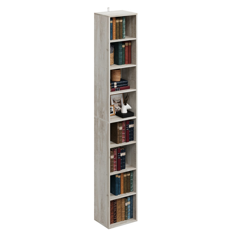 Bibliothèque étroite à 8 couches de conception étroite avec tablettes réglables ouvertes et porte-cubes, Beige / érable
