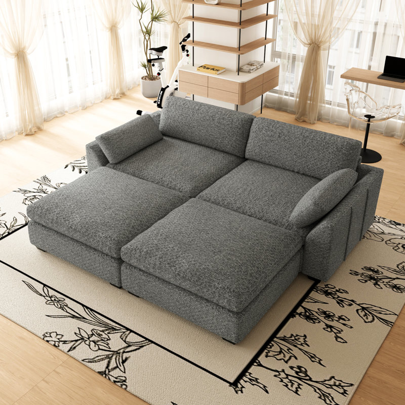 Canapé 2 places imperméable en chenille avec deux poufs amovibles, Gris clair
