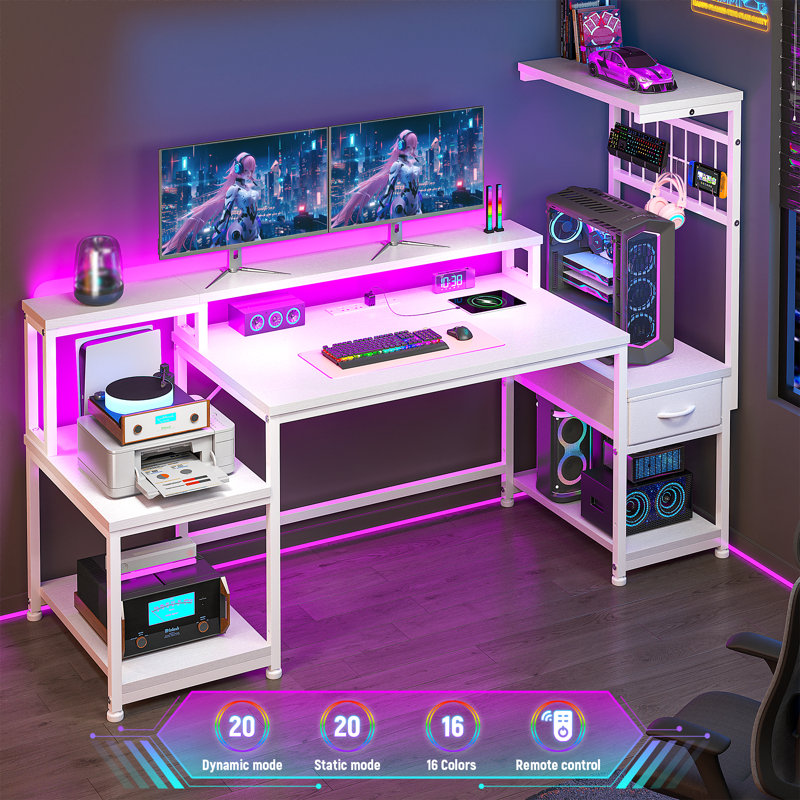 Gaming Desk With Hutch & Monitor Stand,Corner Computer Desk With LED Lights & Outlets For Home Office, White/White