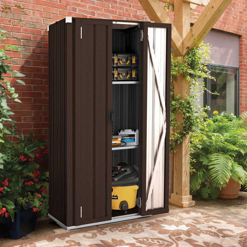 Armoire de rangement extérieure imperméable avec tablettes, Brun