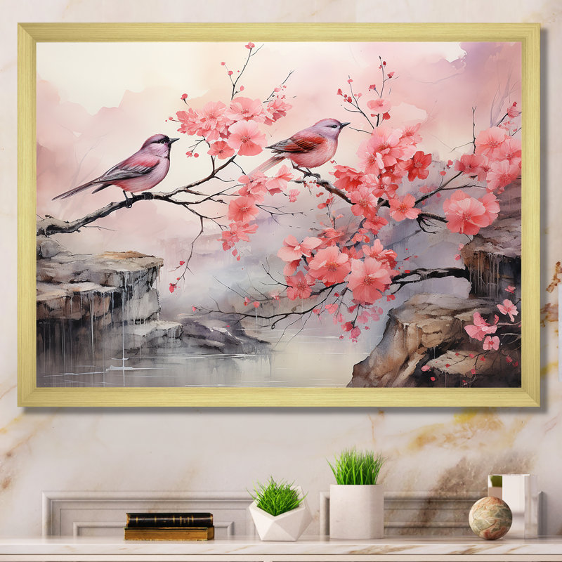 Sakura oiseaux roses sur arbre en fleurs roses - Art mural oiseau, Cadre doré à coins fermés, H 12 po x l 20 po x P 1 po