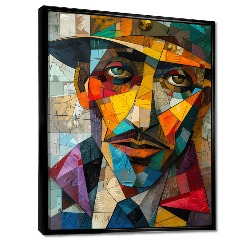 «Blue Yellow Geometric Fragmented Portrait», reproduction d'art cubique abstraite, Cadre flottant noir, H 16 po x l 32 po