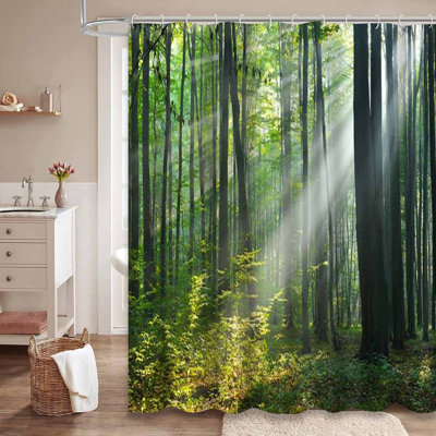 Rideau de douche vert d'automne avec 12 crochets Morning Forest Trees