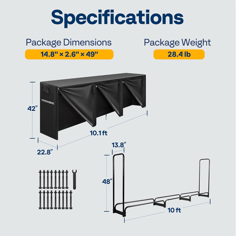 10 ft Heavy Duty Firewood Rack with Cover